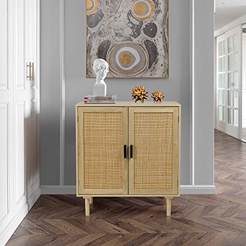 Finnhomy Sideboard Buffet Kitchen Storage Cabinet with Black Painted Rattan Decorated Doors, Dining Room, Hallway, Cupboard Console Table, Liquor/Accent Cabinet, 31.5X 15.8X 34.6 Inches, Black