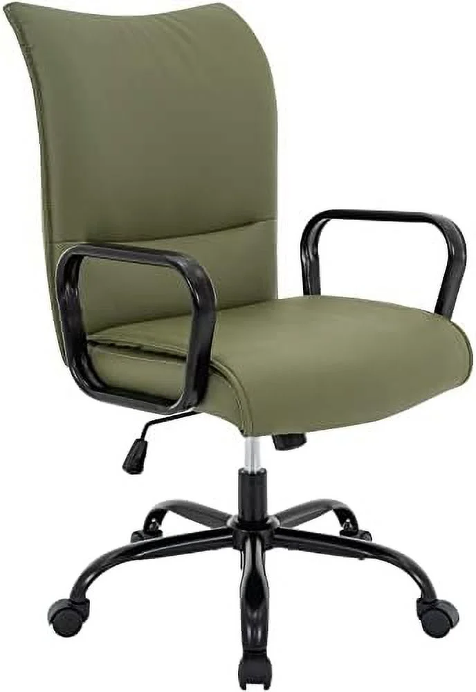 Office Chair  Modern Upholstered Mid-Back PU Leather Task Desk Chair with Arms  Adjustable Rocking Swivel Computer Chair with Wheels (Olive Green  Black Base)