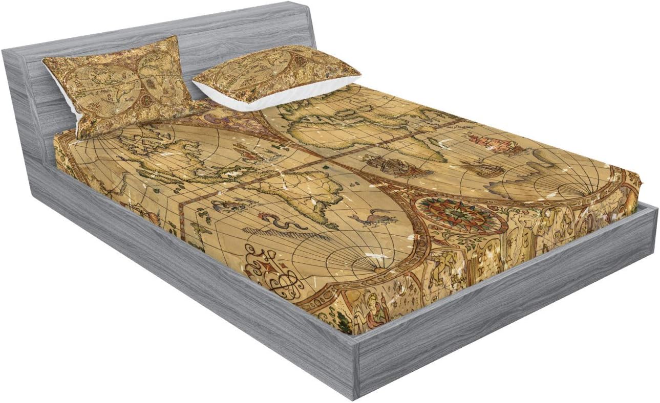 Ambesonne Vintage Fitted Sheet & Pillow Sham Set, Pirate Adventures Style Old World Map Medieval Cartography with Mystic, Decorative Printed 3 Piece Bedding Decor Set, Calking, Tan and Caramel