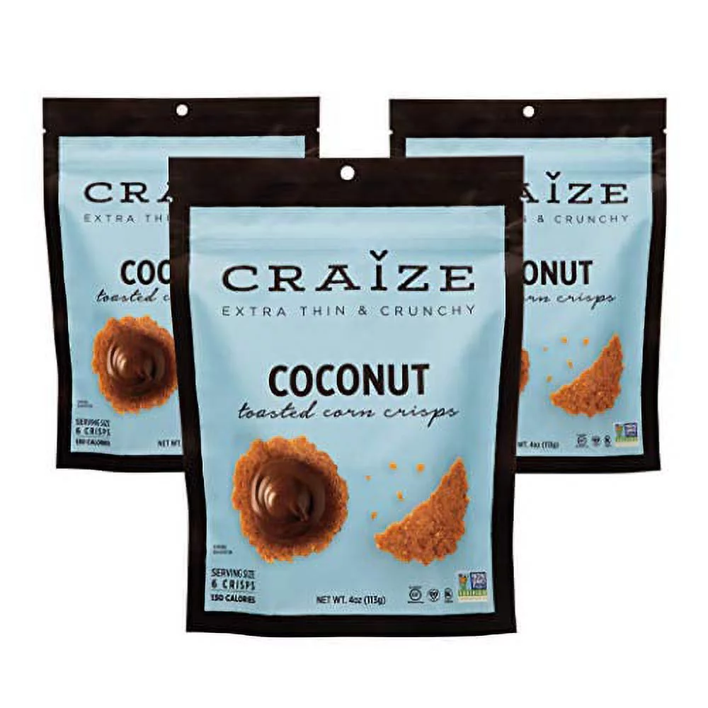 Craize Extra Thin & Crunchy Toasted Corn Crisps – Healthy Vegan All Natural Plant Based Crackers Non GMO Snack – Gluten Free – 3 Pack, 4 Ounces Each (Coconut)