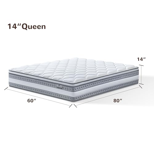 Queen Mattress, 14 Inch Hybrid Mattresses in a Box, Individually Wrapped Pocket Coils for Isolate Motion, Gel Memory Foam, Medium Firm Support, Pressure Relief, CertiPUR-US