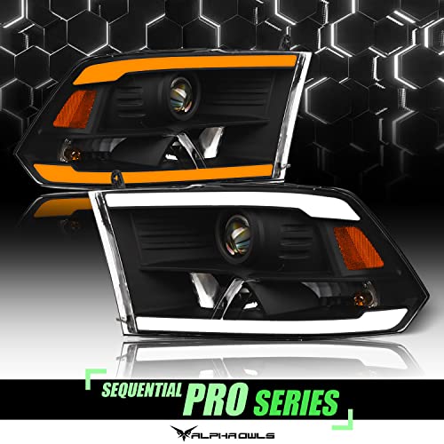 Alpha Owls 8710401 Crystal Headlights With Switchback Sequential LED Light Bar & Startup Light - Black Amber Fits 2009-2018 Dodge Ram 1500 2500 3500/2019-2023 Classic Halogen Models