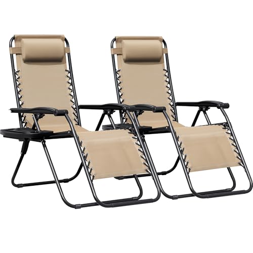 Greesum Zero Gravity Chairs Set of 2 Adjustable Steel Mesh Recliners Beach Deck Lawn Camping Patio Foldable Lounge Chair with Cup Holder Trays and Pillows,Brown