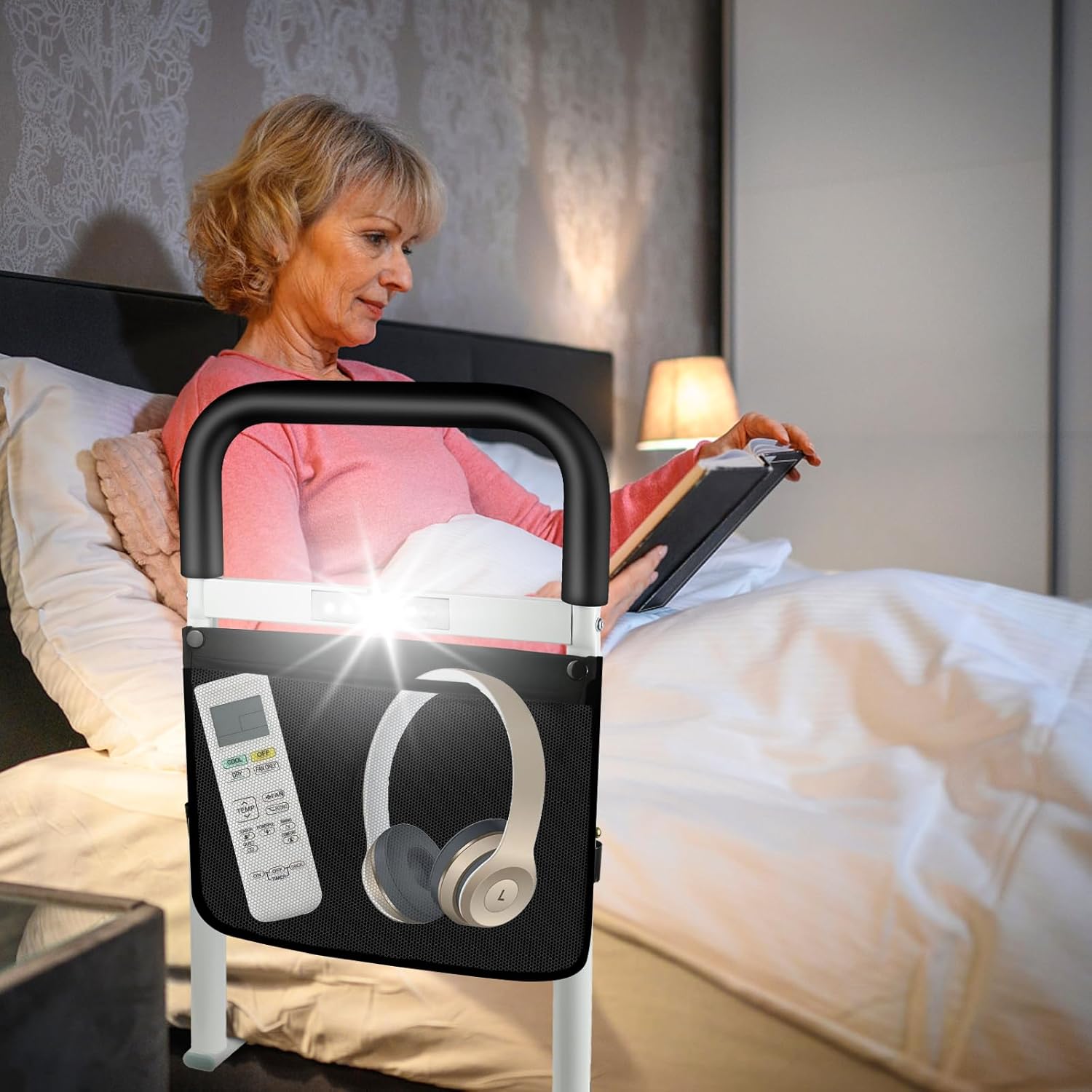 Bed Rails for Elderly Adults Safety with Motion Light Storage Pocket, Adjustable Heights Bed Cane Stable, Bedside Assist Bar Protects Seniors from Falling, Bed Assist Rails Fits Any Bed