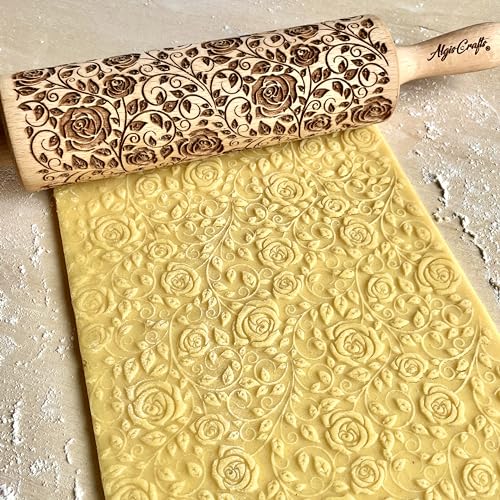DAMASCUS ROSES Embossed Rolling Pin Wooden Embossing Dough Roller for Cookies and Ceramic by Algis Crafts