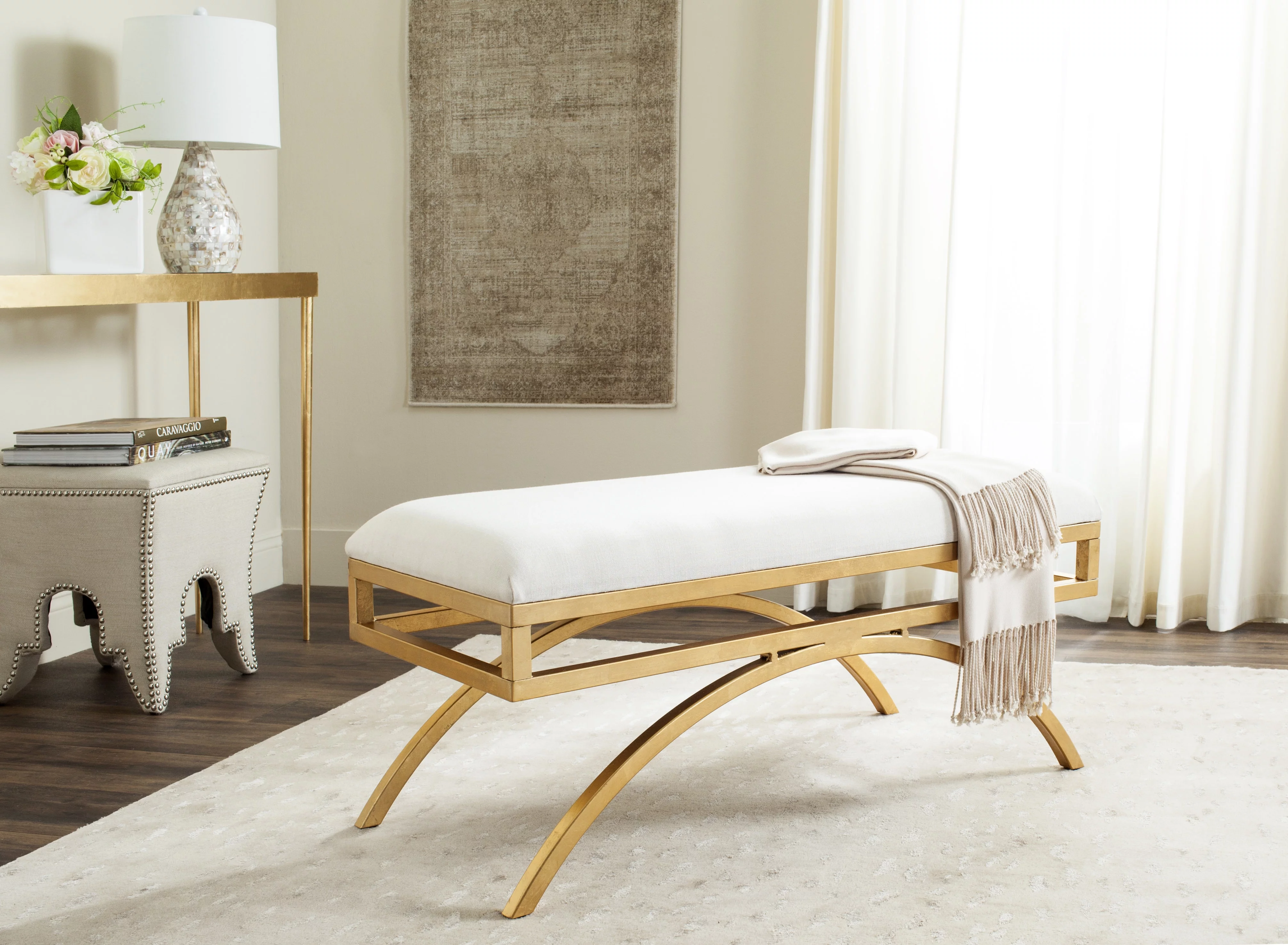 SAFAVIEH Moon Arc Modern Glam Solid Bench, Light Beige/Gold