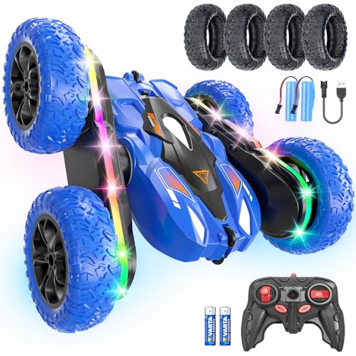 Remote Control Car with LED-Strips: RC Cars for Kids Ages 6-12 Home/After School - 360° Flips Stunt Toy Cars 40 Min Playtime with Dual Batteries & Extra Tires - Birthday Gift for Boys Girls