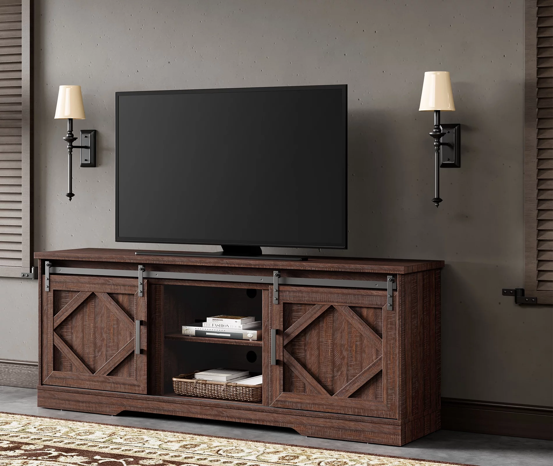 Farmhouse TV Stand for up to 75 inch TVs Brown
