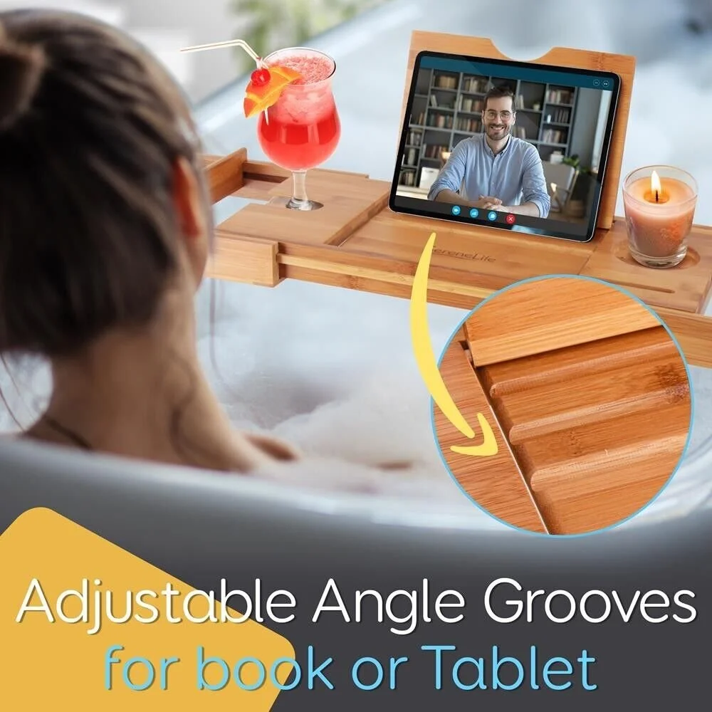 Natural Bamboo Bathtub Caddy - Shower Tub Caddy Tray with Adjustable Length