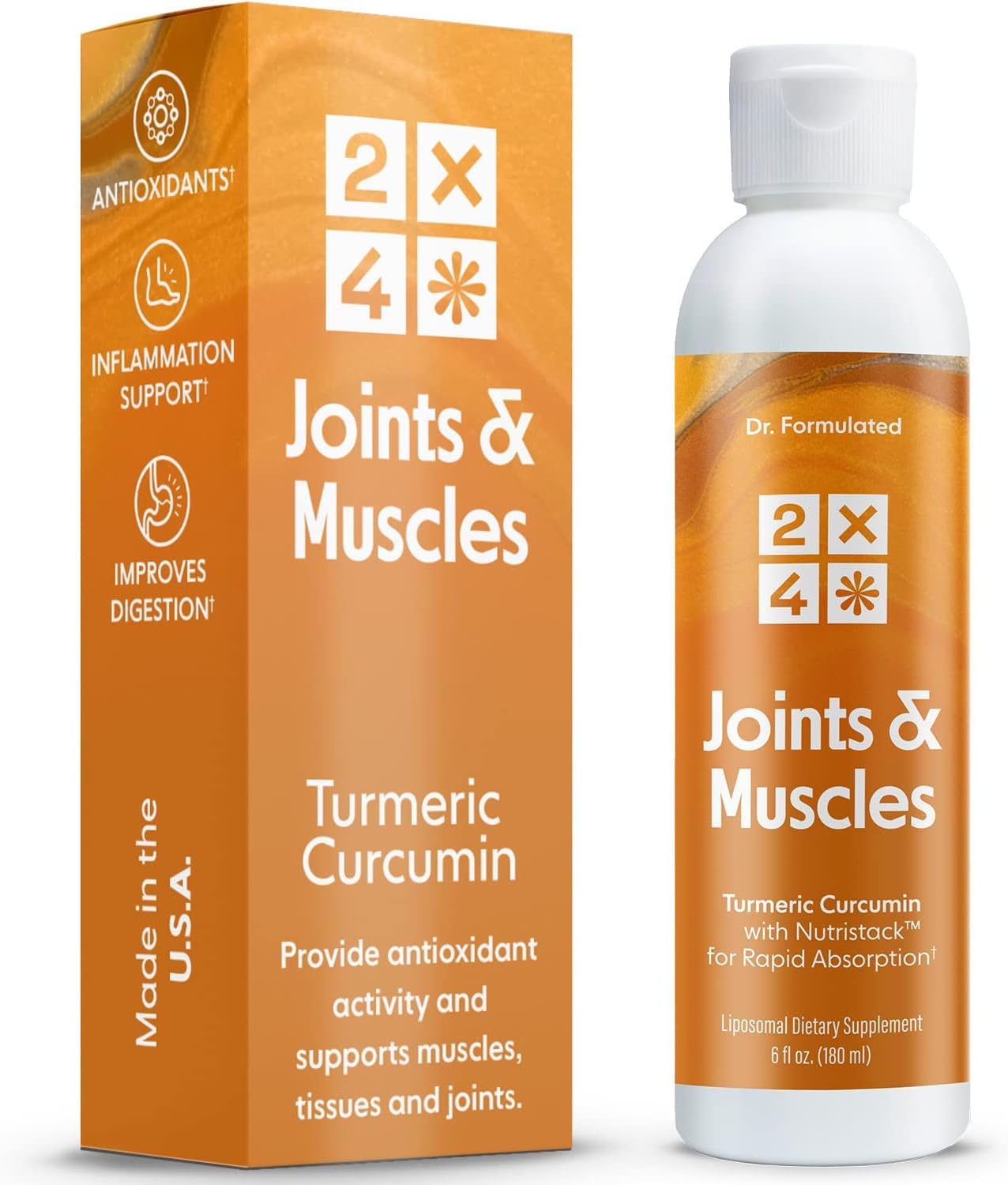 2X4 Turmeric Curcumin Supplement 250 mg, High Absorption Liposomal Liquid Vitamin for Joint and Muscle Support, Non-GMO, 30 Servings, 6 fl oz