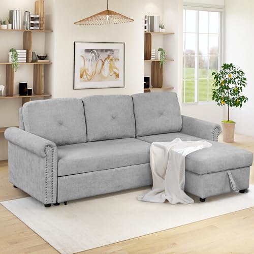 L Shaped Convertible Sleeper Sectional Sofa w/Storage Chaise Lounge & Pull-out Bed, Velvet Upholstered Couch with Nail-head Trim for Living Room, Home, Apartment, Gray