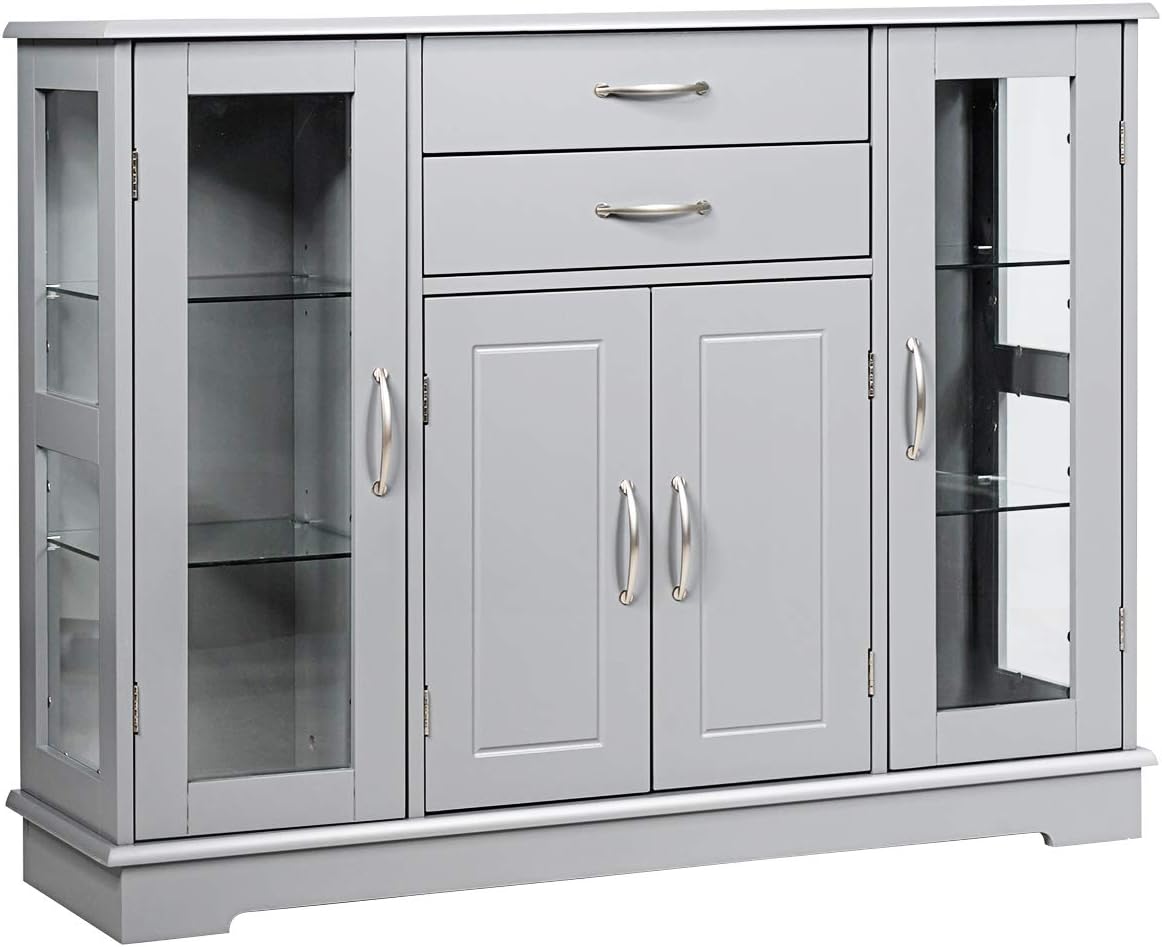Giantex Sideboard Buffet Server Storage Cabinet W/ 2 Drawers, 3 Cabinets and Glass Doors for Kitchen Dining Room Furniture Cupboard Console Table (White)