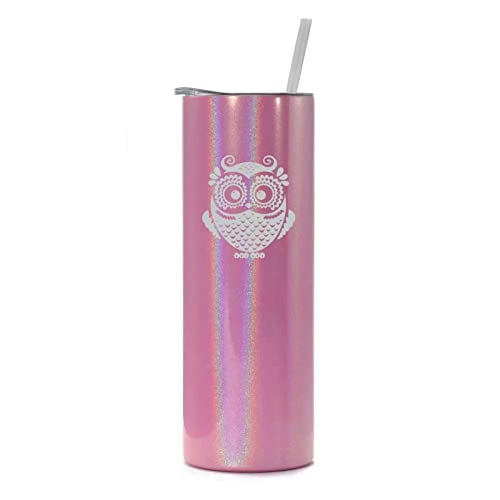 20 oz Skinny Tall Tumbler Stainless Steel Vacuum Insulated Travel Mug Cup With Straw Owl Vintage (Pink Iridescent Glitter)