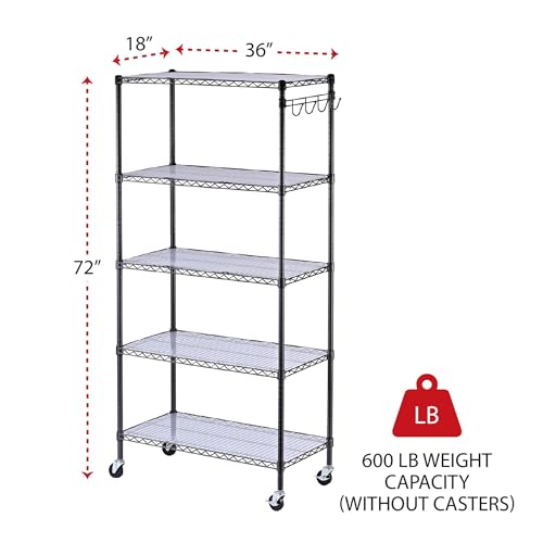 Alera 5-Shelf Wire Shelving Kit with Casters and Shelf Liners, 48w X 18d X 72h, Black Anthracite