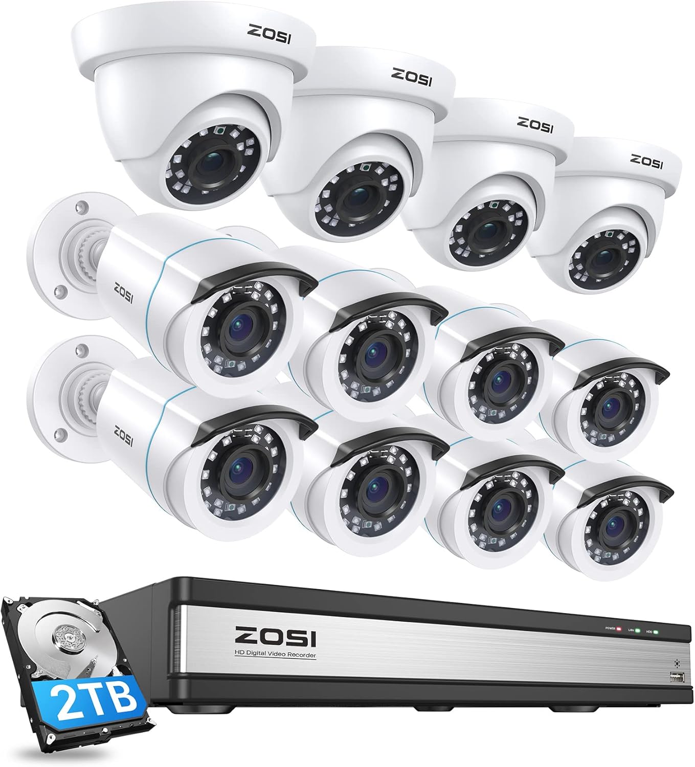 ZOSI 1080p 16 Channel Security Camera System, H.265+ 16 Channel DVR with Hard Drive 2TB and 12 x 2MP Weatherproof Surveillance CCTV Bullet Dome Camera Outdoor Indoor, 80ft Night Vision, 90° View Angle