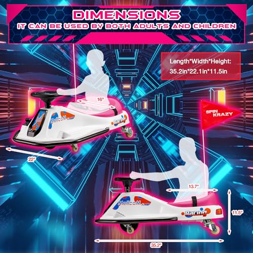 MELLCOM 24V Electric Drifting Go Kart for Kids, Ride on Drift Kart with 360°Rotatable Universal Wheels, Kids Electric Toy Car with Acceleration Pedal, Bluetooth, Music, LED Lights, Flag, Pink