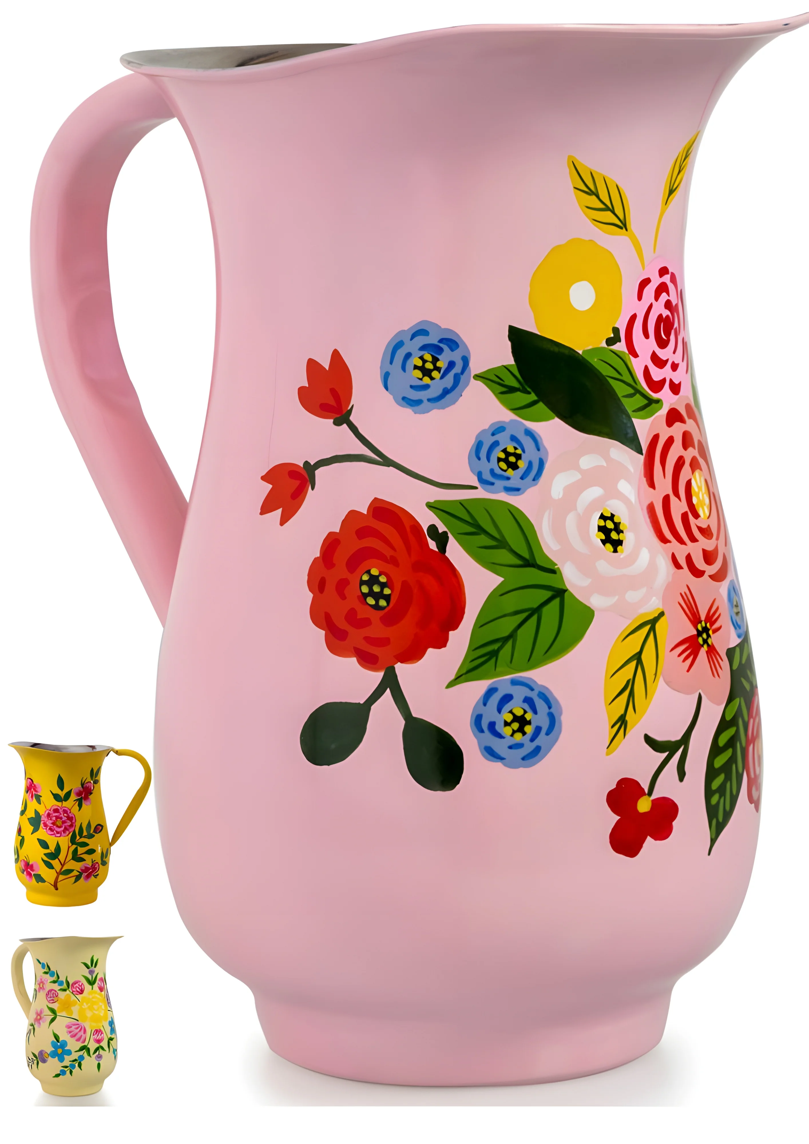 Spices Home Decor - Decorative Hand-Painted Floral Stainless Steel Pink Water Pitcher