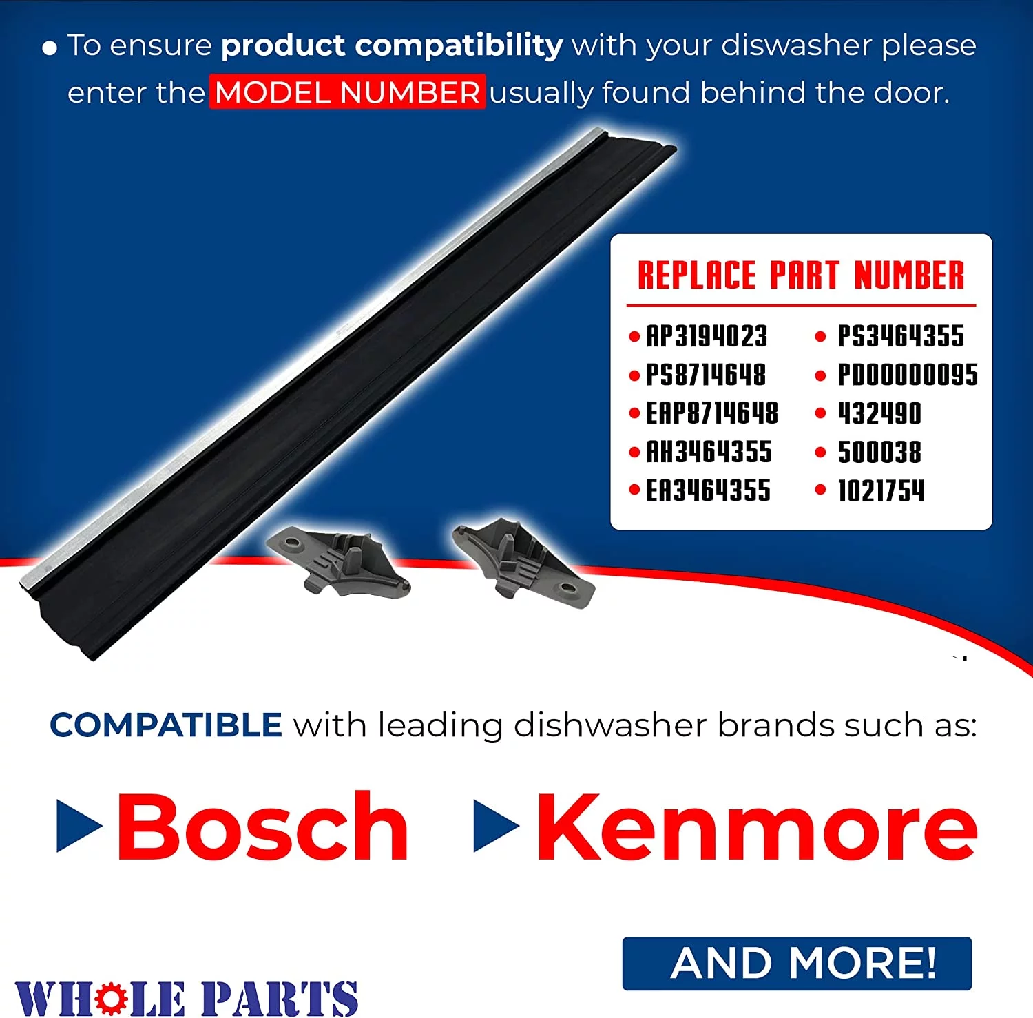 Whole Parts 00432490 Dishwasher Lower Door Seal - Replacement and Compatible with Some Bosch and Kenmore Dishwashers - 2 Yr Warranty