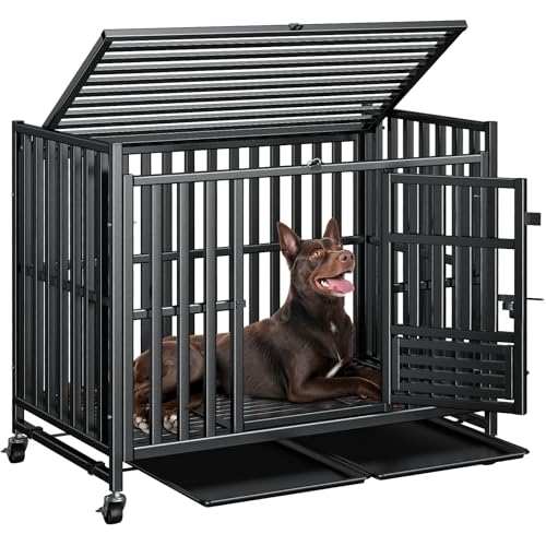 42 inch Heavy Duty Dog Crate, Upgraded Thickened Steel Frame Indestructible Kennel for Large & High Anxiety Dogs, Escape Proof Design with 3 Doors, 4 Lockable Wheels and 2 Removable Trays (42 Inch)