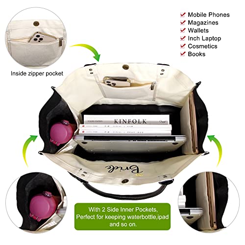 BeeGreen Mother's Day Gifts Personalized Women's Large White and Black Canvas Tote Bag, Embroidered Initials, Leather Handle, Zipper Closure