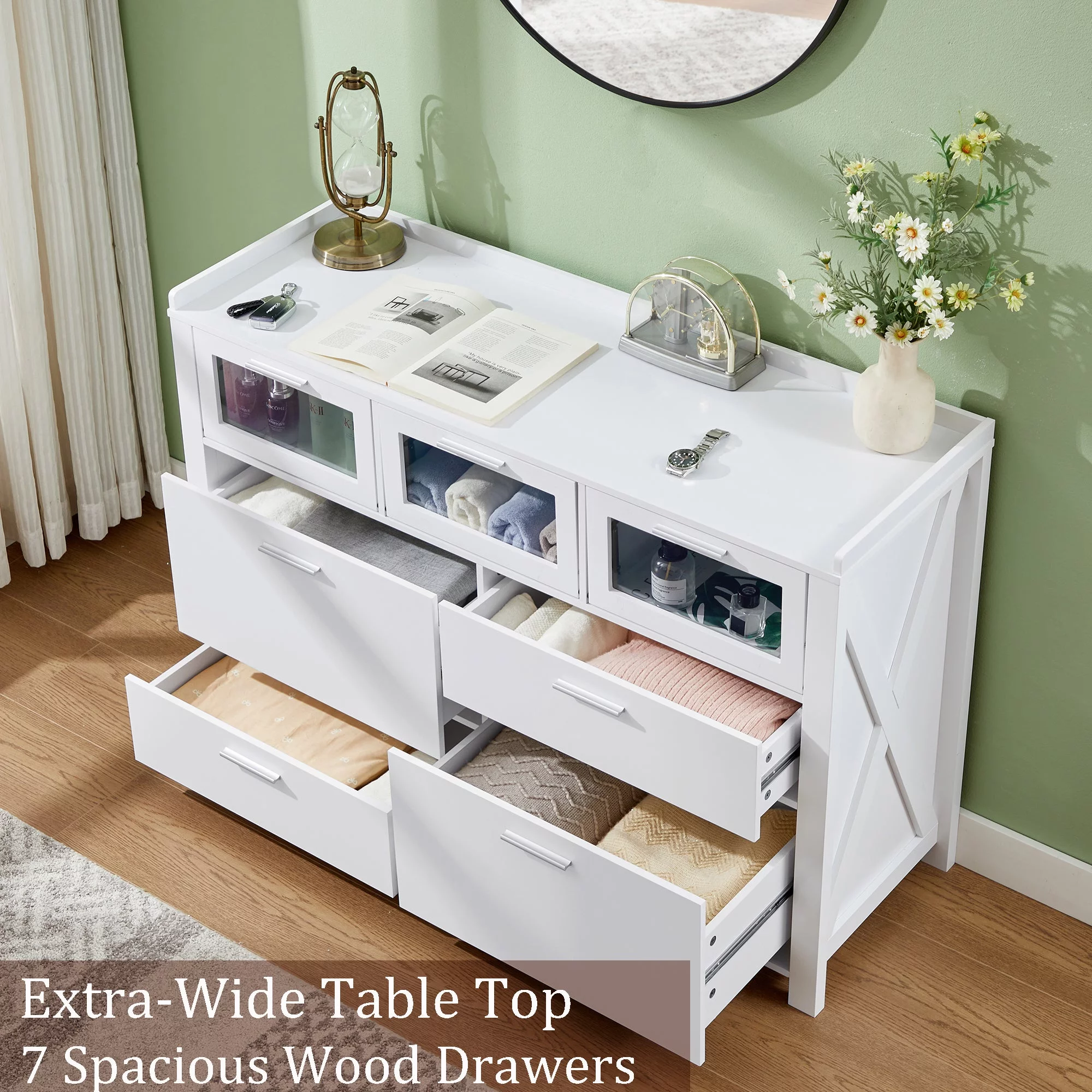 VECELO 3-Piece Modern Bedroom Set with 7 Drawers LED Dresser and 2 Nightstands with 2-Drawer, White