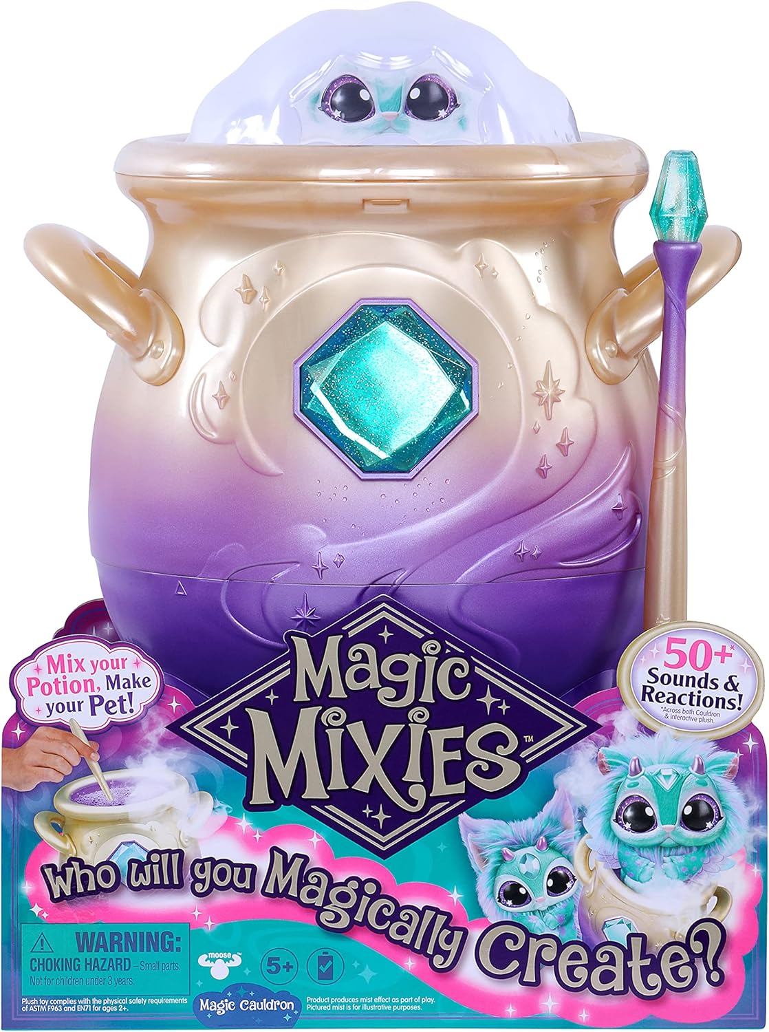 Magic Mixies Magical Misting Cauldron with Interactive 8 inch Blue Plush Toy and 50+ Sounds and Reactions, Multicolor