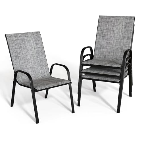 Patio Chairs Set of 4, Outdoor Stackable Dining Chairs with High Back for All Weather, Outdoor Furniture with Breathable Textile Fabric for Garden, Backyard Deck, Pool Side (Grey)