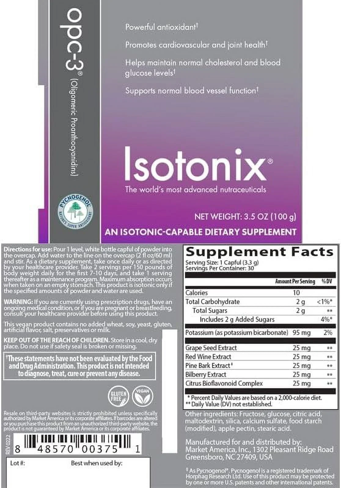 Isotonix OPC-3, Promotes Cardiovascular Health, Joint Health, Healthy Cholesterol, Promotes Healthy Blood Vessel Dilation, Market America (30 Servings)