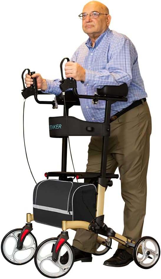 ELENKER Upright Walker, Stand Up Folding Rollator Walker with 10�� Front Wheels Backrest Seat and Padded Armrestsf (Carbon Fiber Black)