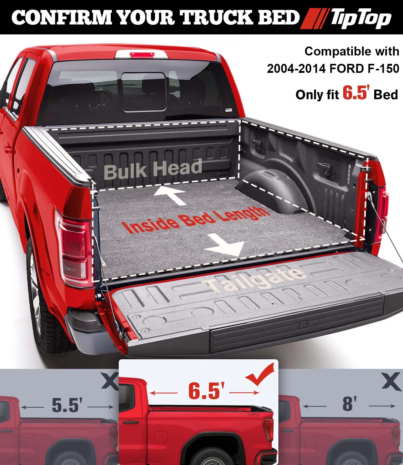 TIPTOP Tri-Fold Hard Tonneau Cover Truck Bed FRP On Top For 2004-2014 F150 with 6.5ft Bed (78.8