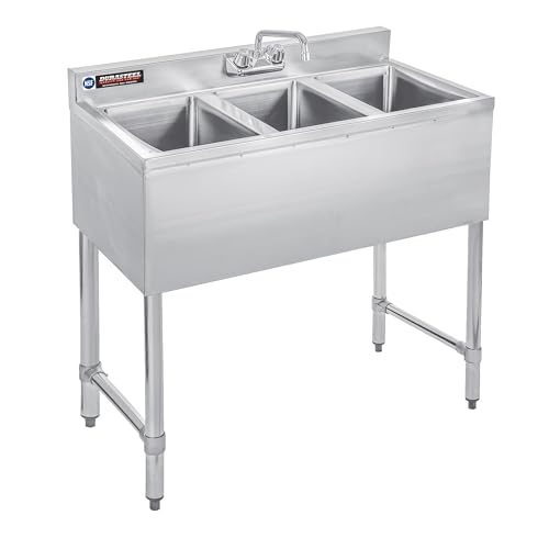 DuraSteel 3 Compartment Under Bar Sink - CEC & NSF 304 Stainless Steel 3 Bay Utility Sink with No Lead Faucet - 60