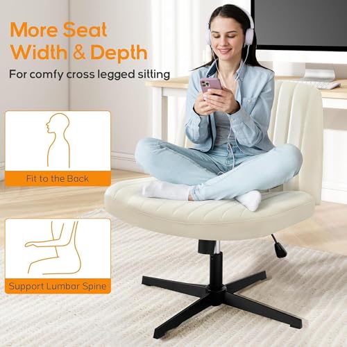 DUMOS Criss Cross Chair Legged Office Wide Comfy Desk Seat, No Wheels Armless Computer Task Seating, Swivel Vanity Home Height Adjustable