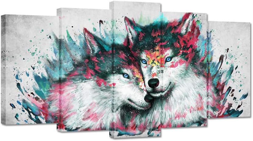 iHAPPYWALL Large 5 Pieces Wolf Canvas Wall Art Black and White Wolves Couple Abstract Animal Picture Painting on Canvas for Modern Home Living Room Decor Stretched and Framed Ready to Hang