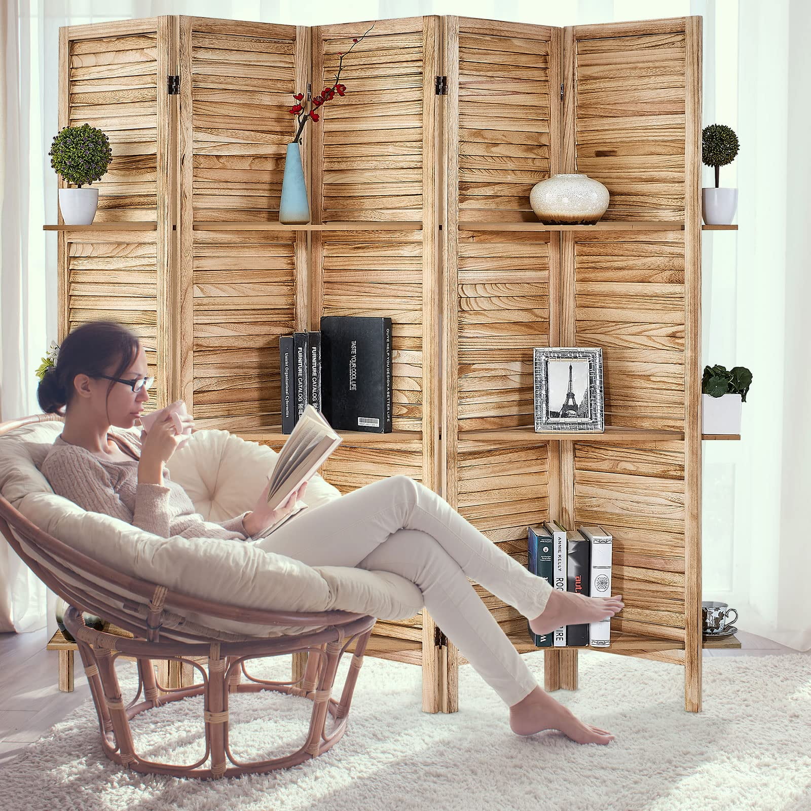 5 Panel 5.6 Ft Tall Partition Wood Room Divider, Wood Folding Room Divider Screens, Panel Divider&Room Dividers, Room Dividers and Folding Privacy Screens with Shelves(5 Panel,Natural)