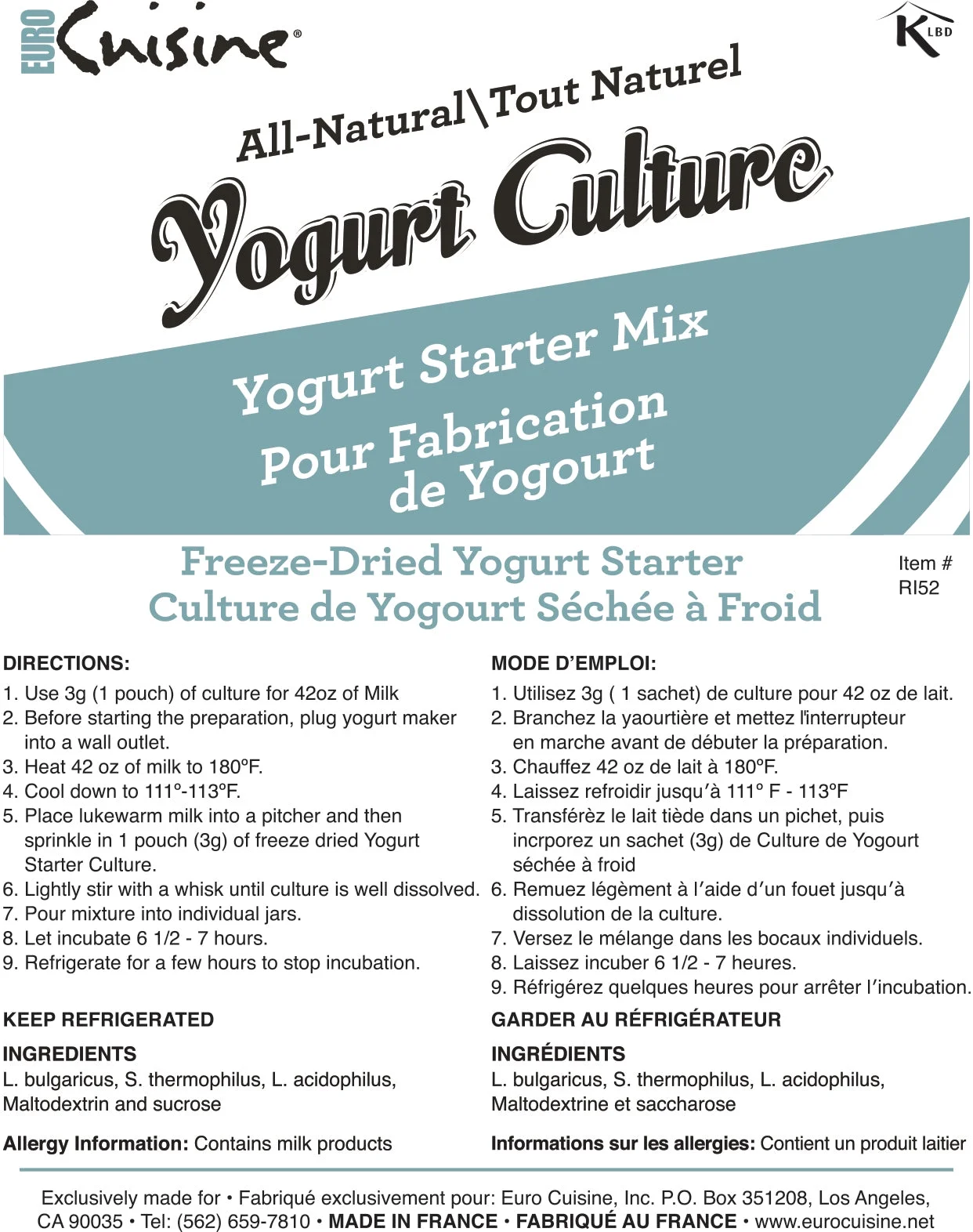 Euro Cuisine RI1020 All-Natural Yogurt Starter/ Culture - 10-3gr Packets