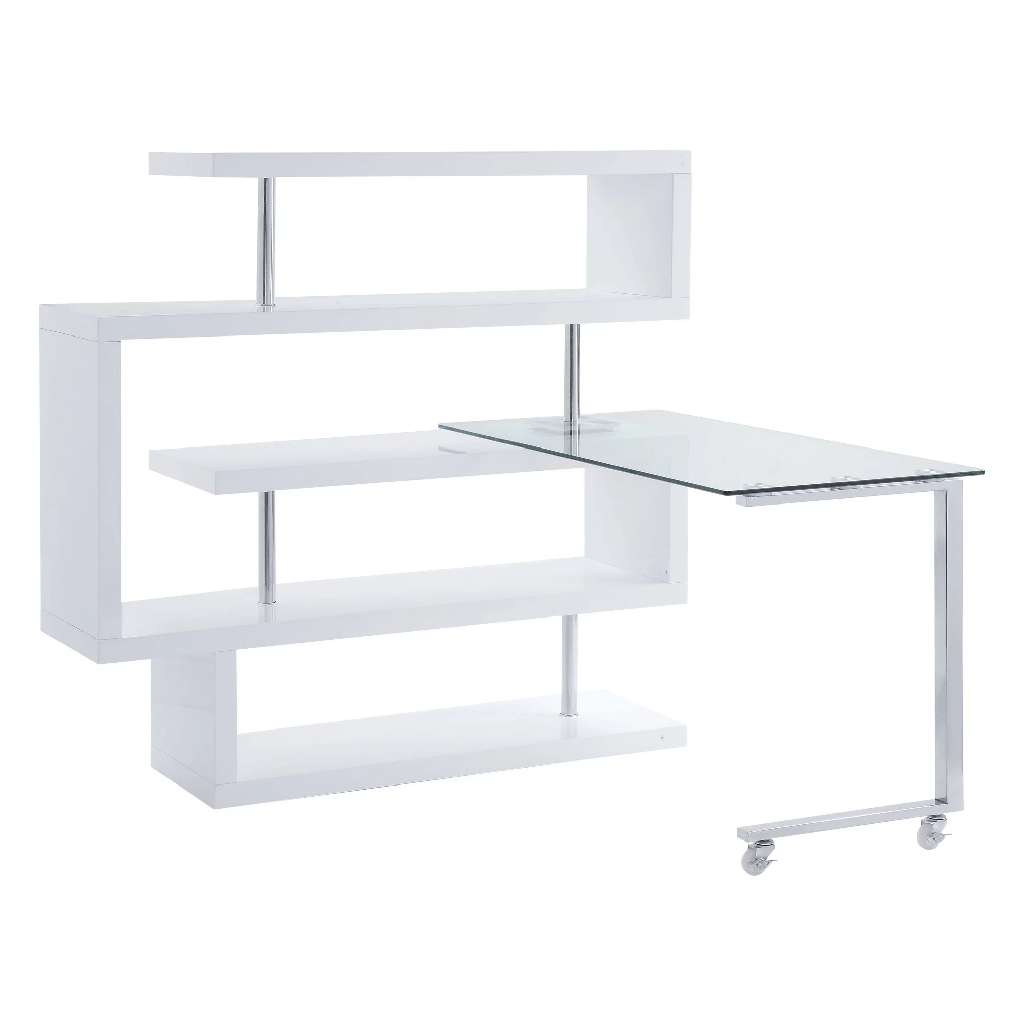 Writing Desk with 4 Swivel Etagere Shelf and Casters, White