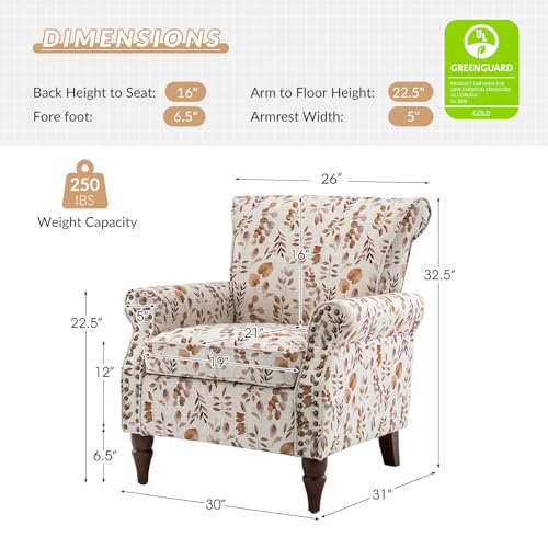HULALA HOME Modern Wingback Accent Chair with Wood Legs & Removable Cushion, Comfy Upholstered Armchair with Nailhead Trim, Floral Pattern Single Sofa Chair for Living Room Bedroom, Blue