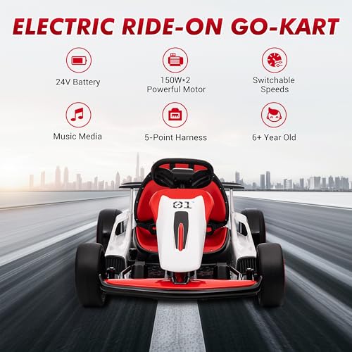 24V Electric Go Kart, Drifting Car Battery Powered Ride on Car with Powerful Motor for Kids 6-12 Years Old, Kids Go Kart with Slow Start, Music, Safety Belt,Max Load 110lbs for Boys and Girls