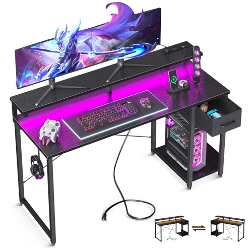 AODK Gaming Desk with LED Lights & Power Outlet, 40 Inch Computer Desk with Drawer, Reversible Small Desk with Monitor Stand & Headphone Hook for Home Office, Black