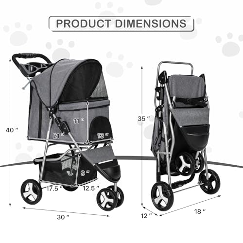 MoNiBloom 3 Wheels Pet Dog Cat Stroller for Small Medium Dogs and Cats, Lightweight Foldable Jogger Stroller w/Storage Basket and Cup Holder, Gray
