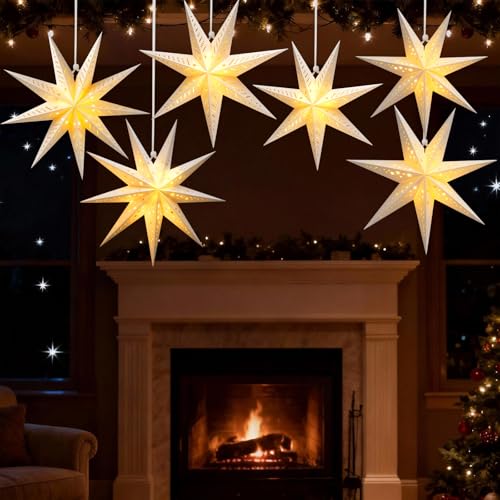6Pcs Sage Green Paper Star Lanterns with Lights, 3D 7/9 Pointed Christmas Paper Lanterns Decorative Christmas Hanging Lamp Shades Foldable for Home Xmas Winter Wedding Party Decor Indoor, 13.78