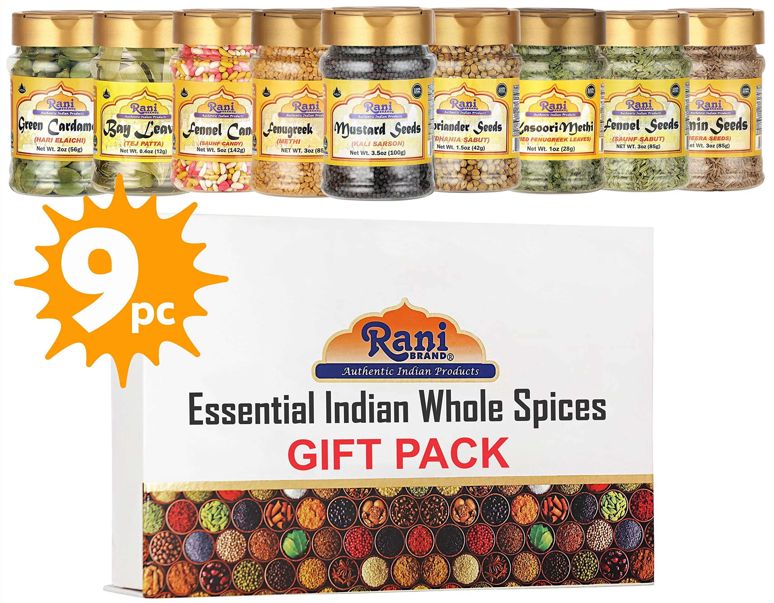 Rani Essential Indian Whole Spices 9 Bottle Gift Box Set, Average Weight per Bottle 3oz (85g), Indian Cooking, Makes a Great Gift!