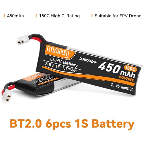 Crazepony 6pcs 1S Battery BT2.0 3.8V 150C 450mAh Lipo Battery with BT2.0 Connector for 1S FPV Tiny Whoop/Brushless Whoop Drone