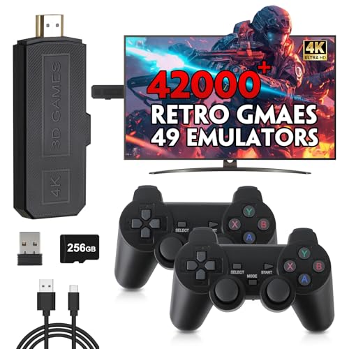 Wireless Retro Game Console Stick, 4K Plug & Play TV Video Game Stick, Pre-Installed 42,000+ Games, 49 Emulators, 256GB Memory Card, with Dual 2.4G Wireless Controllers, HDMI Output
