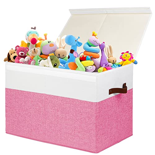 Large Toy Storage Box with Lid, Sturdy Toys Storage Chest Bin Organizer Basket with Dividers for Kids, Boys, Girls, Nursery, Closet, Bedroom, Playroom 25