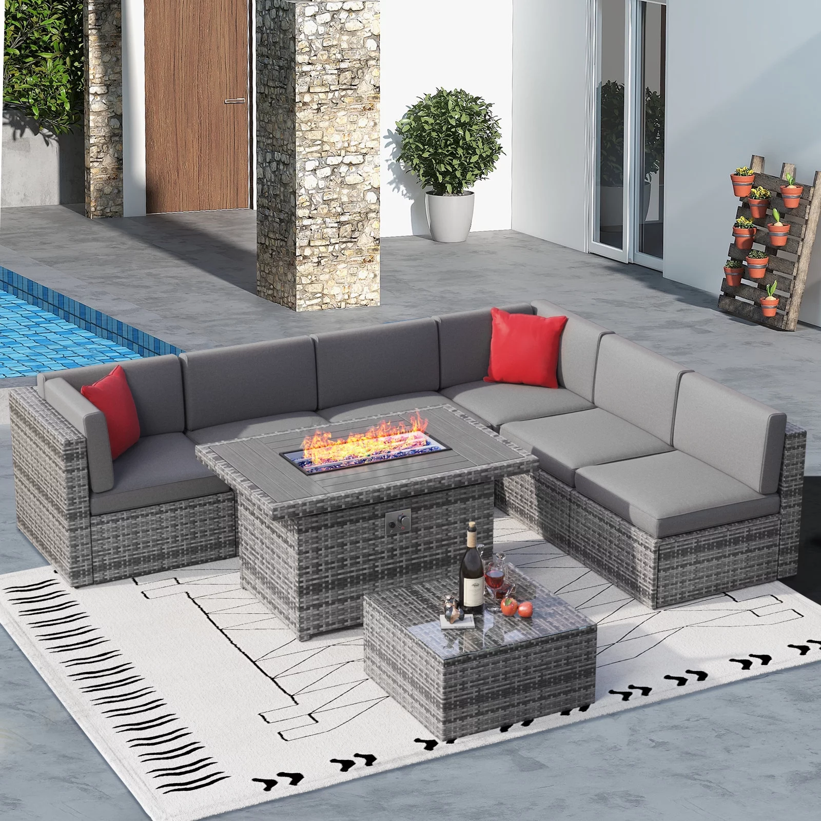 Sunmthink 8 Pcs Patio Furniture Sets with 50000 BTU FirePit Table, Grey