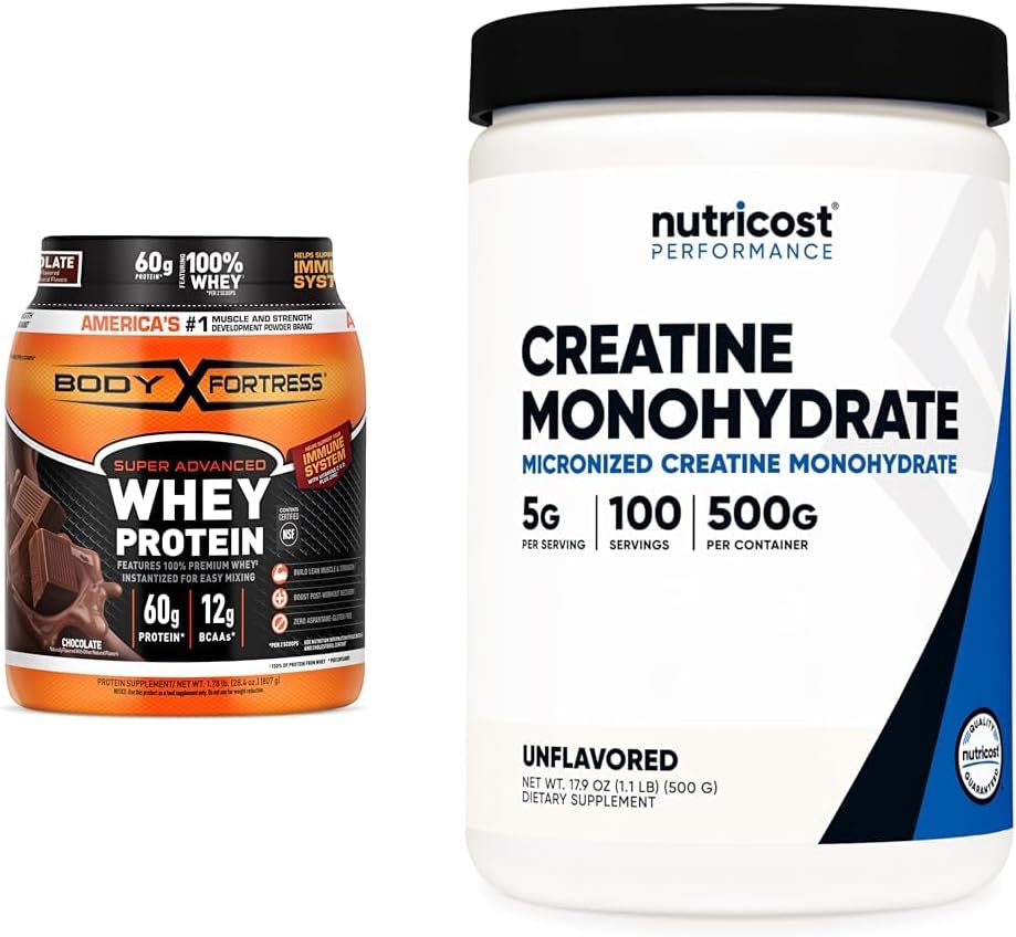 Body Fortress 100% Whey Protein Powder Chocolate 1.78lbs & Nutricost Creatine Monohydrate Micronized Powder 500G 5000mg Per Serv