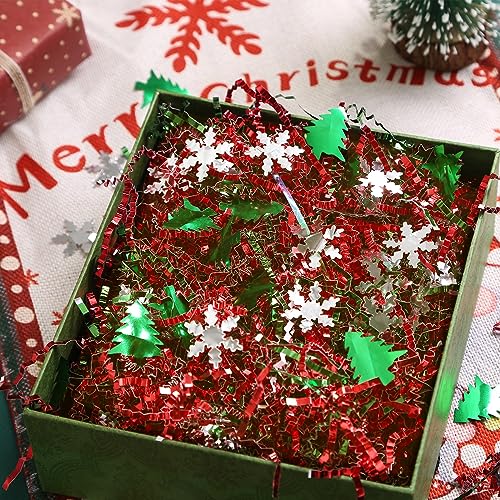 PAPER FAIR 1LB Metallic Red Green Christmas Crinkle Cut Paper Shred Filler w/Tree & Snowflake Confetti, Gift Wrap Packaging Raffia Tissue Strand, Craft Bedding Cushion, Winter Birthday Box Basket