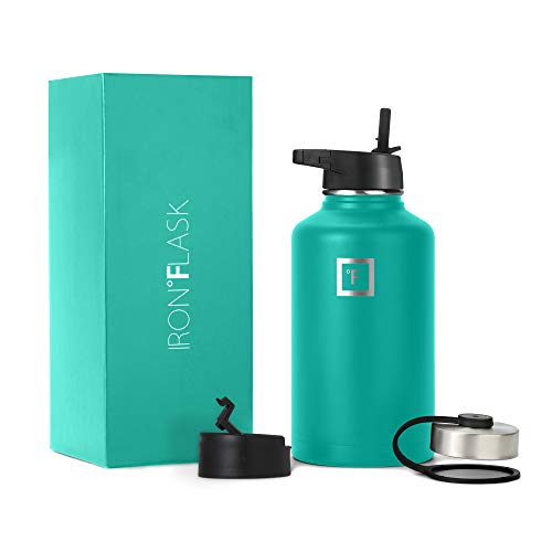 IRON °FLASK Camping & Hiking Hydration Flask with 3 Lids - Stainless Steel, Double Walled & Vacuum Insulated Water Bottle - Leak Proof & BPA Free (Midnight Black, Straw - 40 oz)