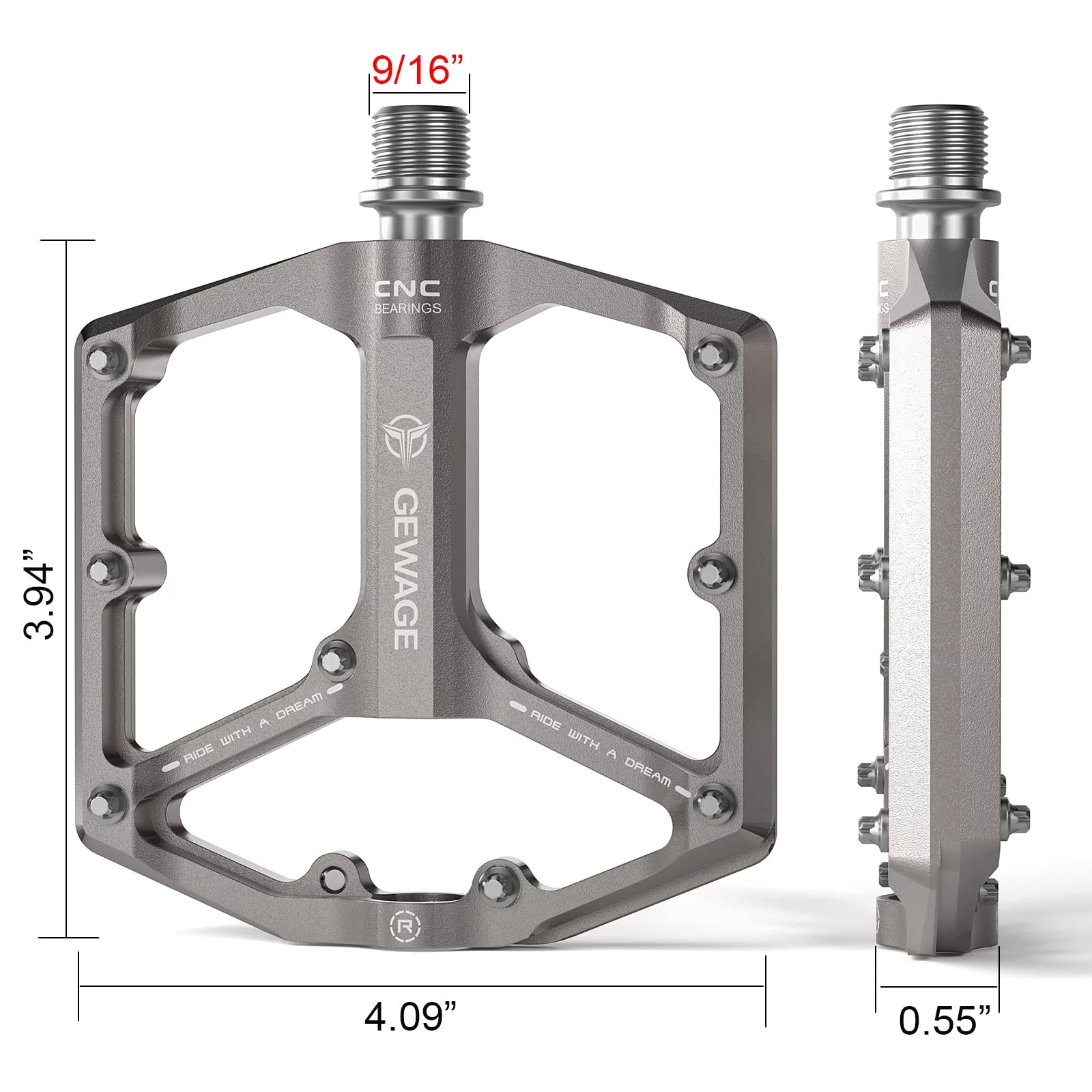Road/Mountain Bike Pedals - 3 Bearings Bicycle Pedals - 9/16” CNC Machined Flat Pedals with Removable Anti-Skid Nails